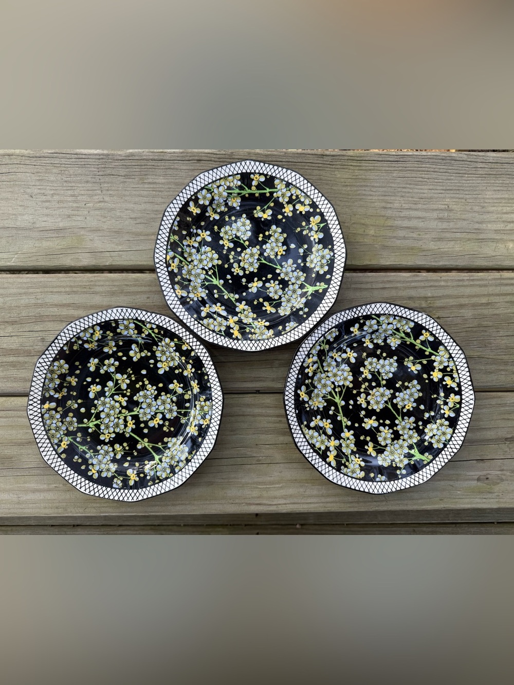 Rare Antique Royal Doulton Prunus 12-Sided Plates - Trio Set - Black Ground Art